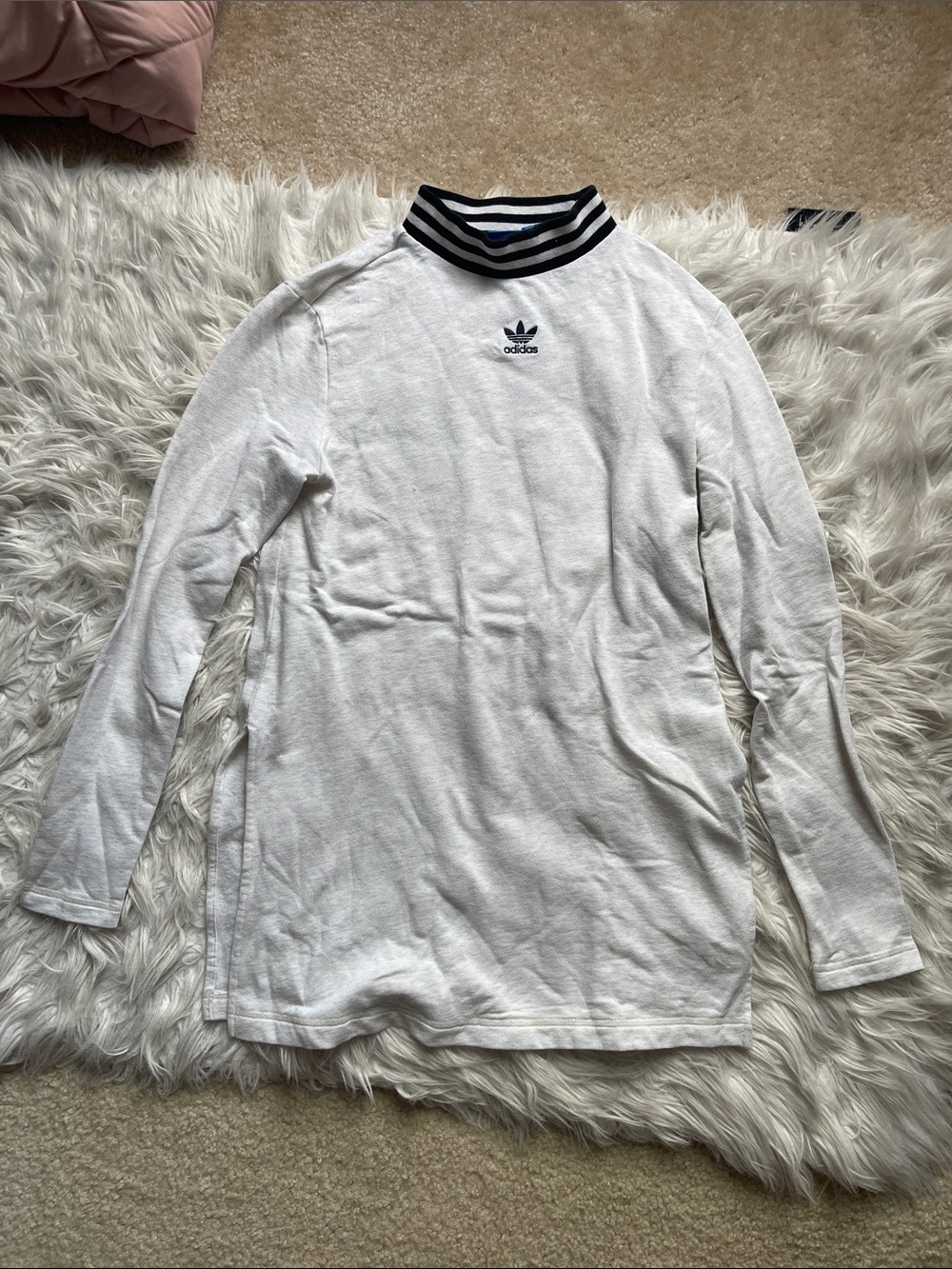 adidas White Long-Sleeve Mock Neck Shirt with Black Striped Collar
